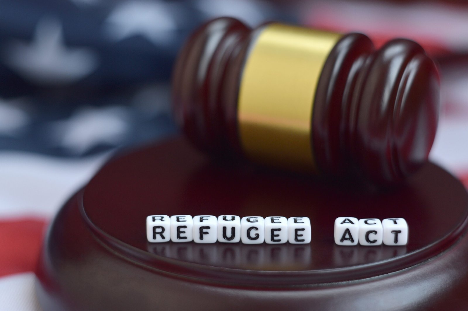 Justice mallet and Refugee act characters close up with US flag on background